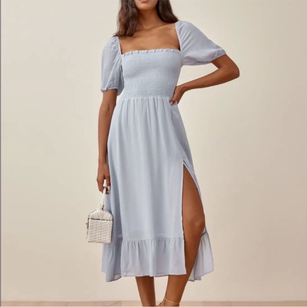 Reformation Powder Blue Smocked Midi Dress with Puff Sleeves